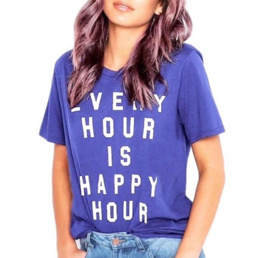 NWT Wildfox Blue Every Hour Is Happy Hour Distressed Keke Graphic Tee S